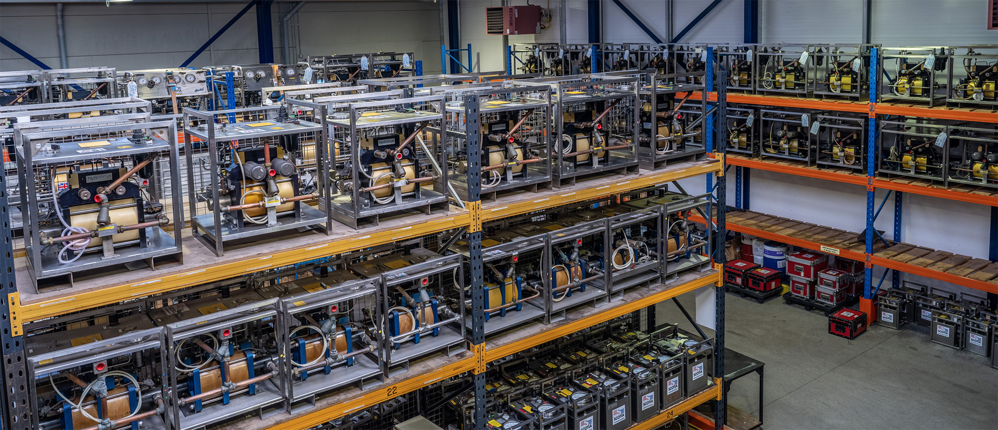 Scotia Instrumentation’s air-hydro rental pumps on racking